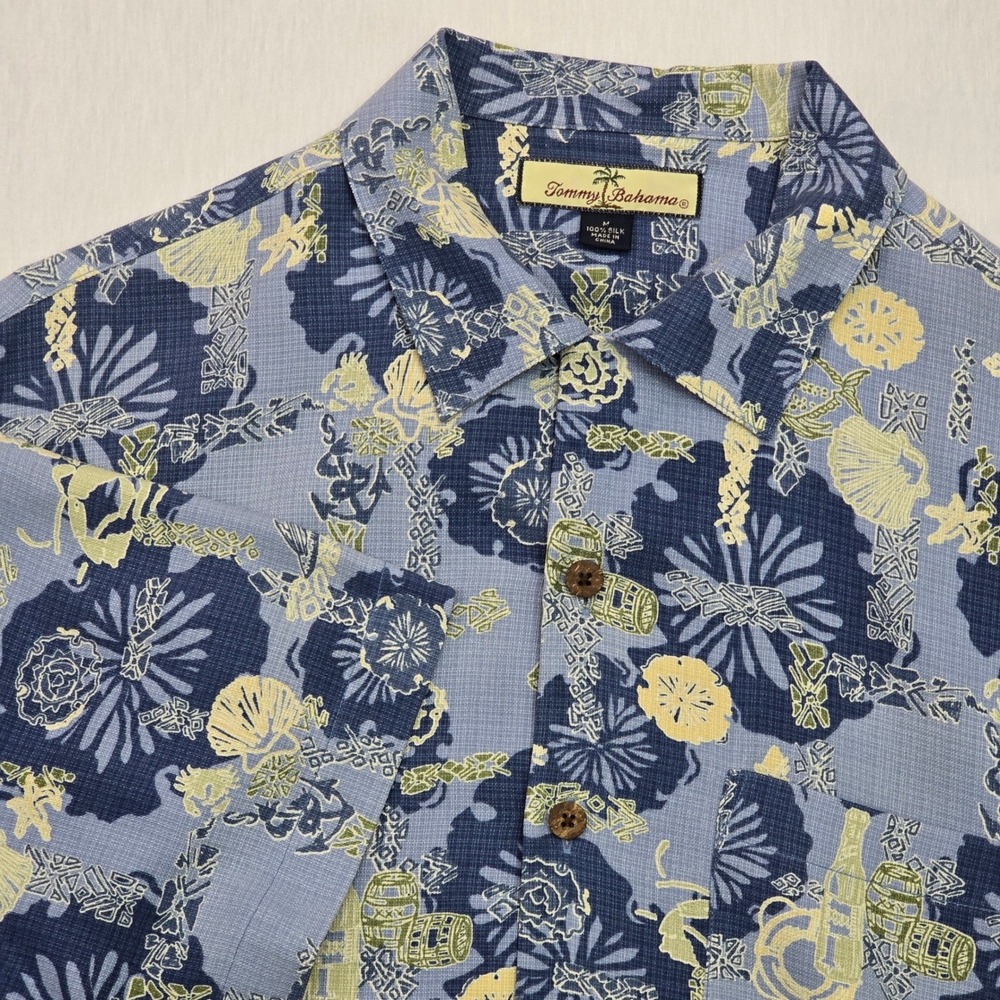 Tommy Bahama Mens Medium Blue Silk Lobster Beer Floral Short Sleeve Camp Shirt